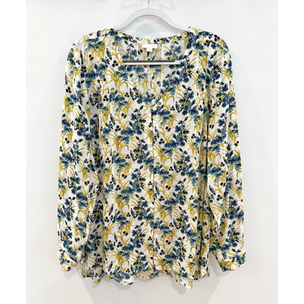 J. JILL Size XL Blue Yellow Foral Birds Long Sleeve V-Neck Button Front Blouse